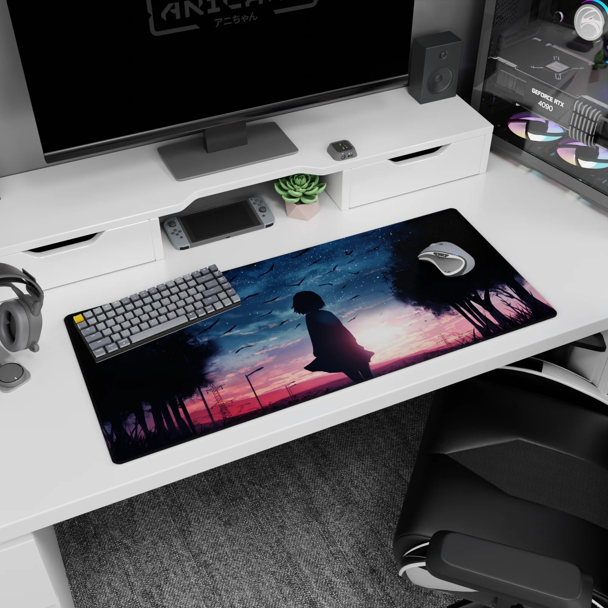 Anime girl desk pad 36x16 inches showing lone girl silhouette beneath glittering horizon as birds cross the sky.