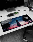 Anime girl desk pad 36x16 inches showing lone girl silhouette beneath glittering horizon as birds cross the sky.