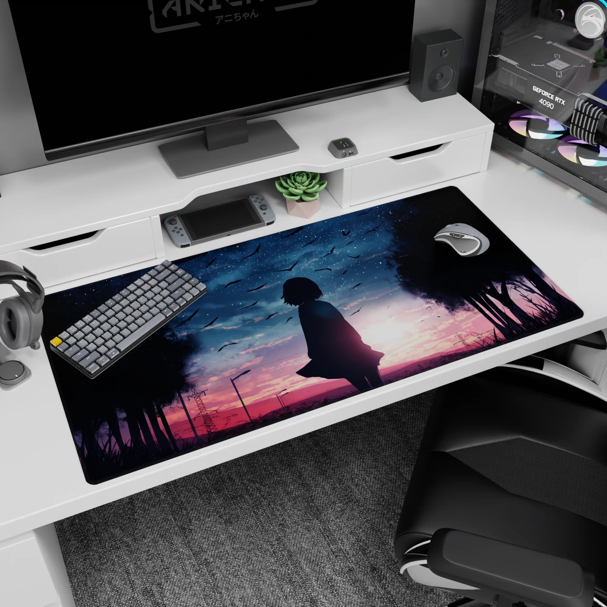 Anime girl desk pad 40x20 inches showing lone girl silhouette at dusk, birds in sky above dark trees.
