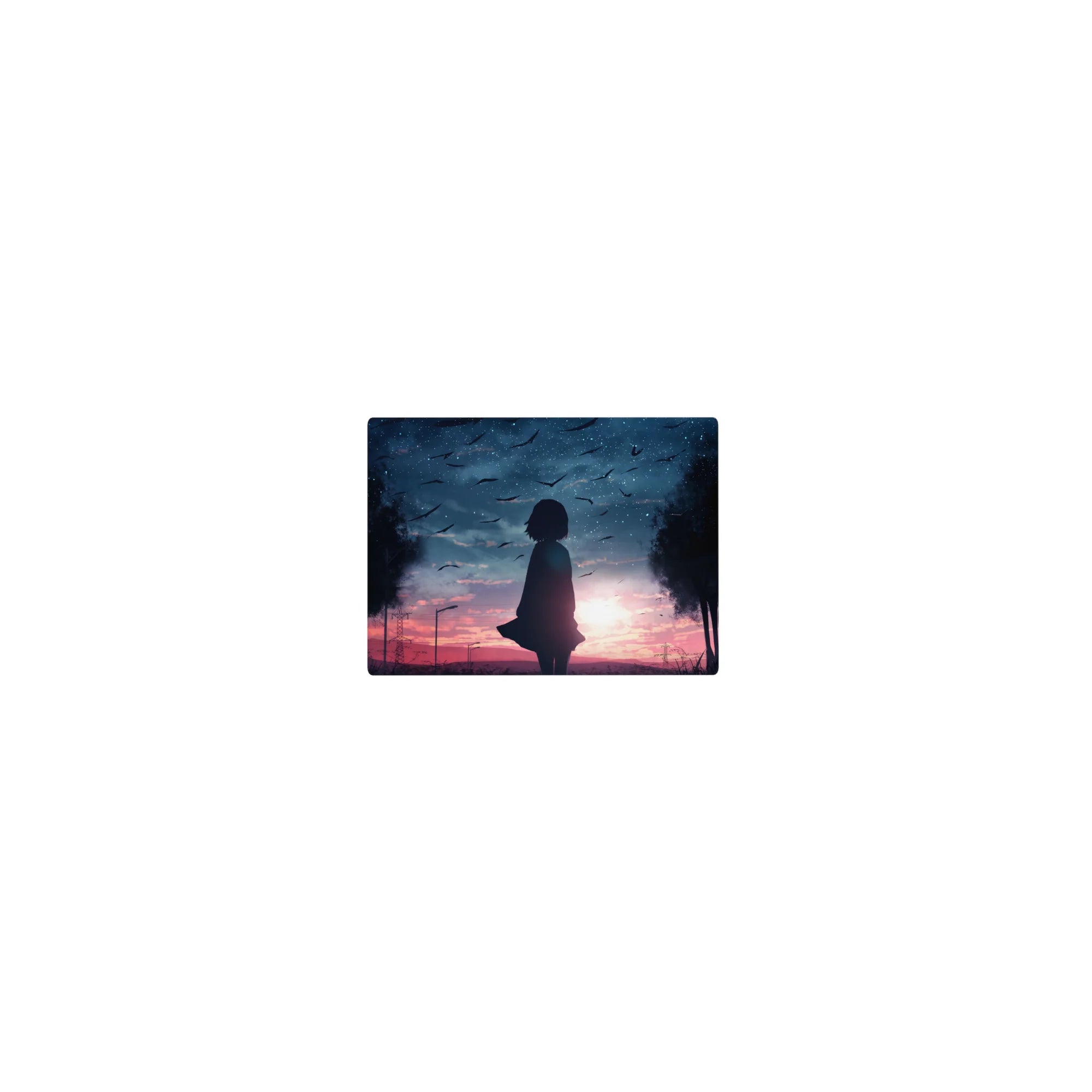 Classic anime girl mouse pad 14x10 inches with twilight skyline, birds, trees, and city lights.