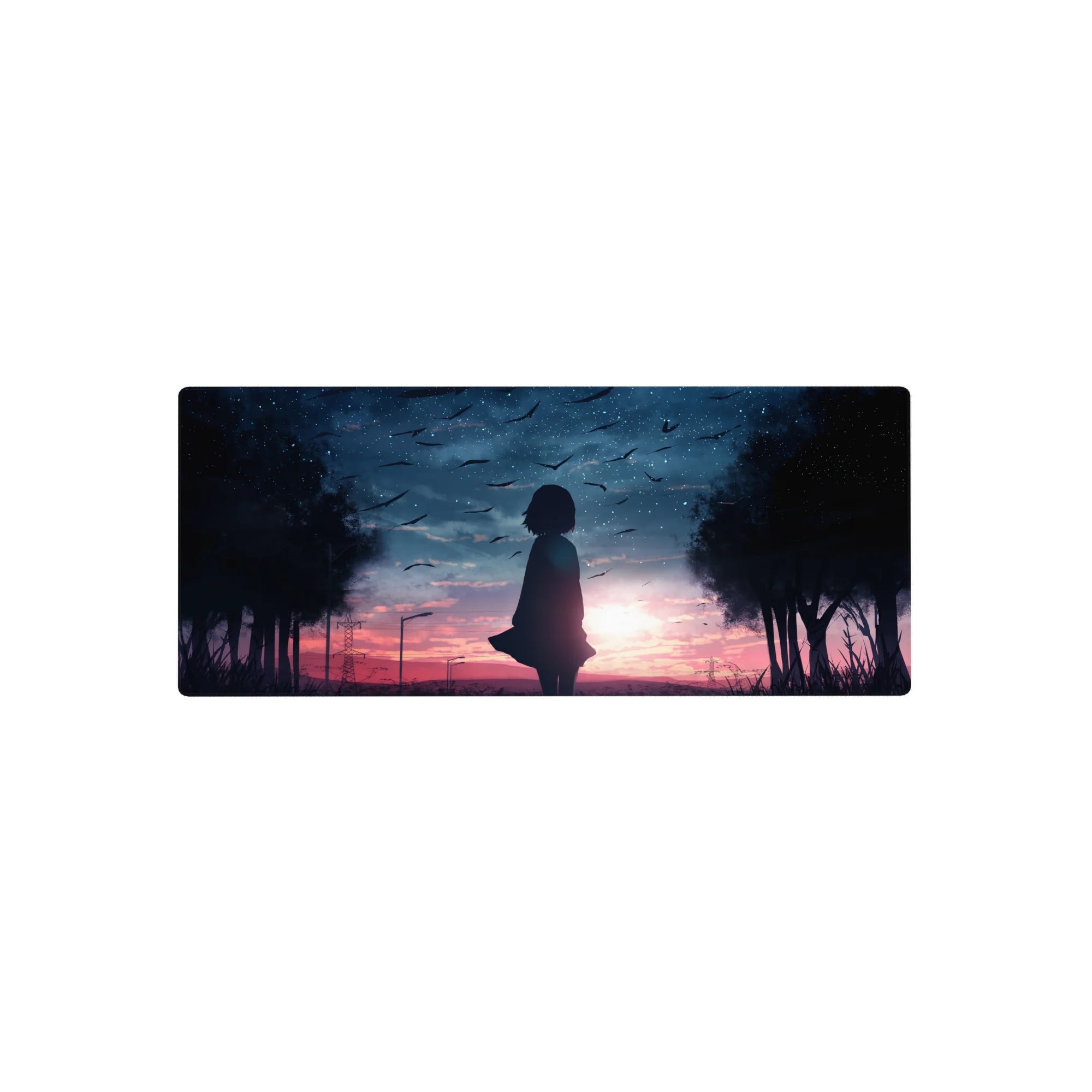 Anime girl mouse pad 28x12 inches with silhouetted girl, twilight sky, birds, trees, and city lights.