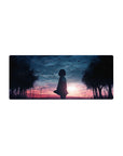 Anime girl mouse pad 28x12 inches with silhouetted girl, twilight sky, birds, trees, and city lights.