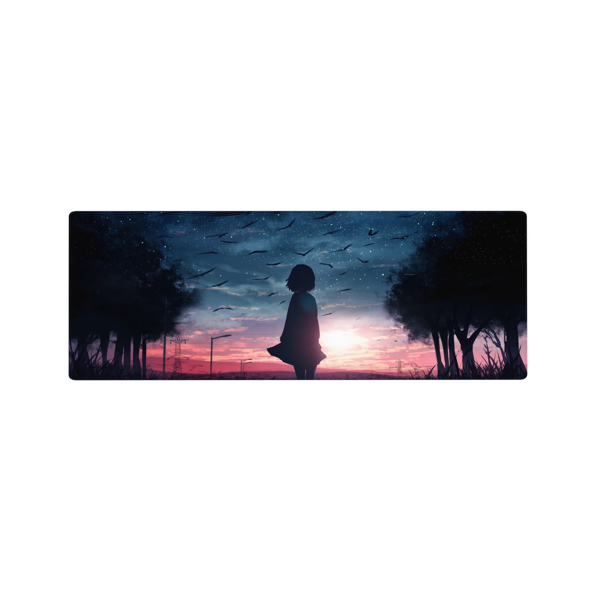 Anime girl mouse pad 32x12 inches with silhouette under twilight sky, birds, trees, and city lights.