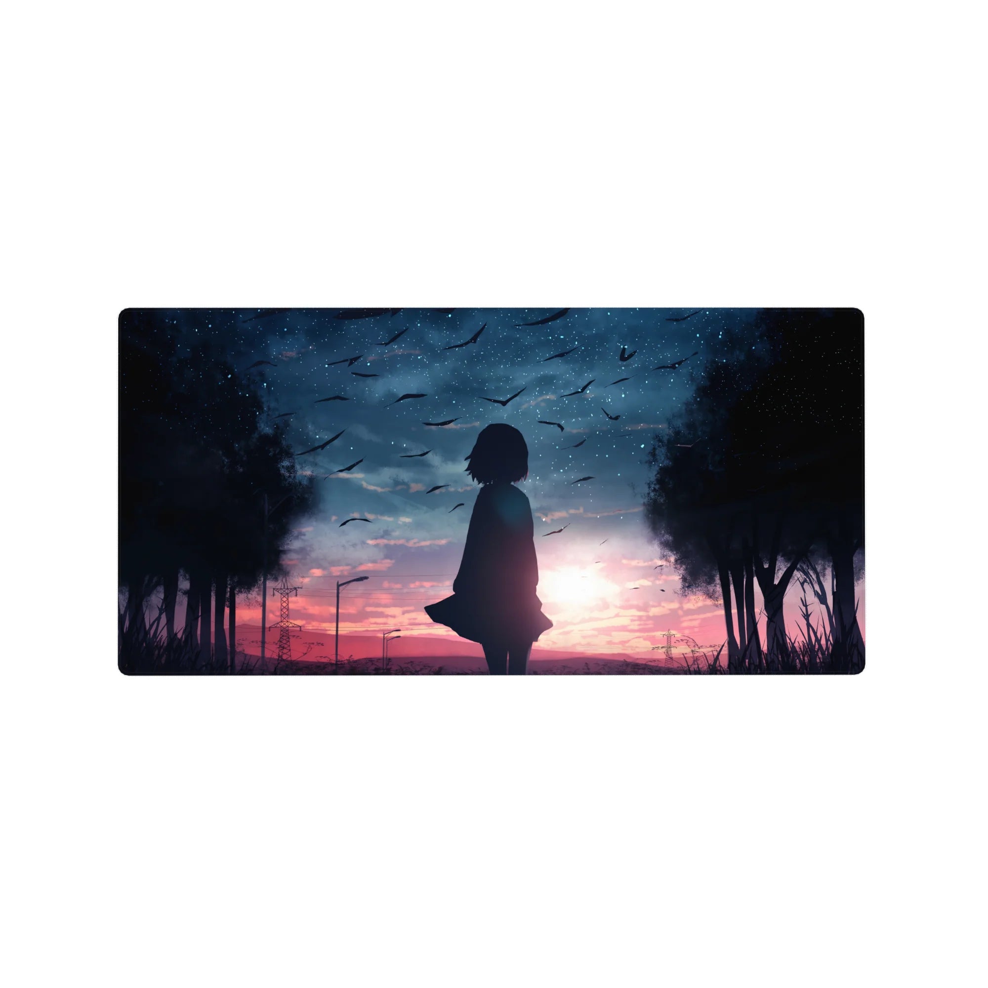 32x16 inches anime girl mouse pad with silhouetted girl at twilight, birds, trees, and city lights.