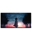 32x16 inches anime girl mouse pad with silhouetted girl at twilight, birds, trees, and city lights.