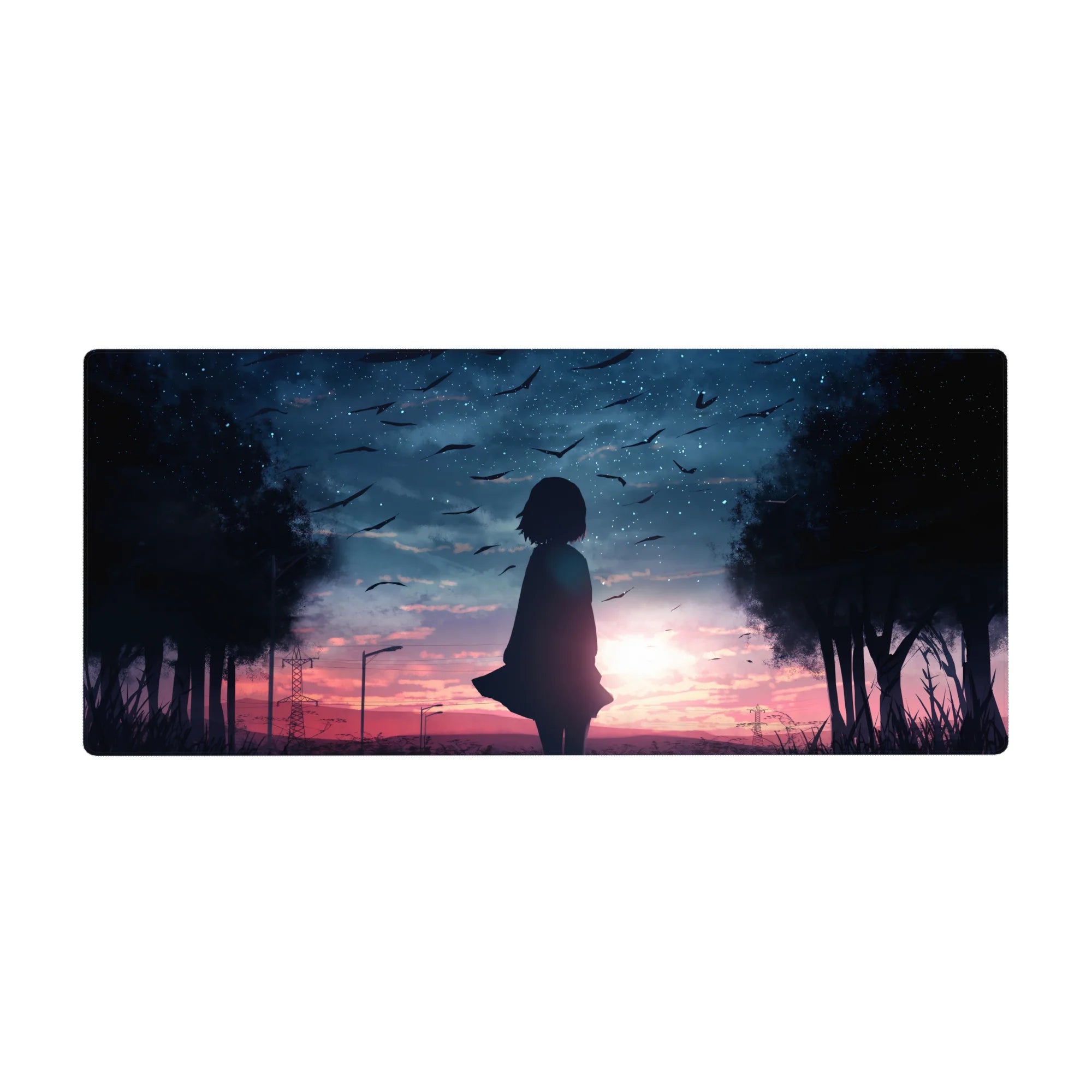 Anime girl desk pad 36x16 inches with silhouette under twilight sky, birds, trees, and distant city lights.