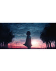 Anime girl desk pad 36x16 inches with silhouette under twilight sky, birds, trees, and distant city lights.