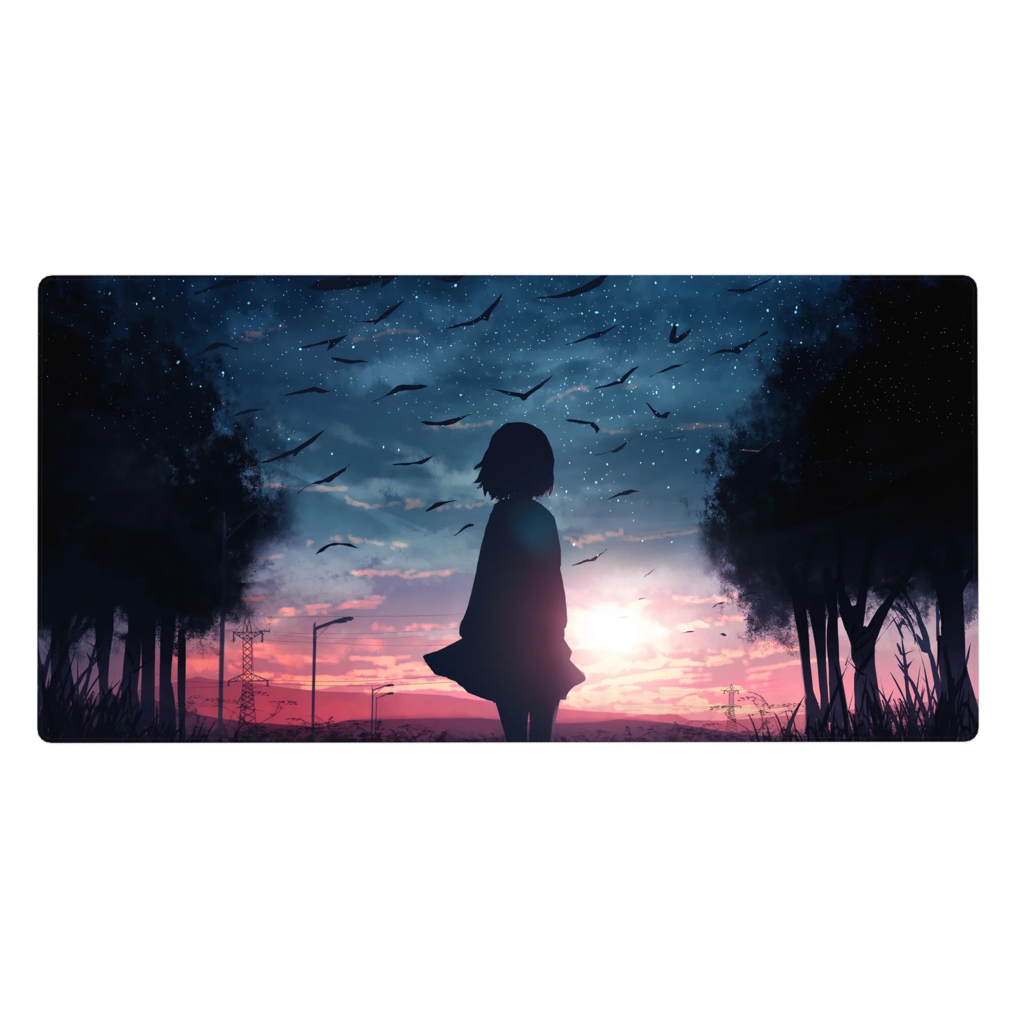 Anime girl desk pad 40x20 inches with silhouette under twilight sky, birds, trees, and city lights.