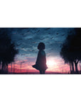 Anime girl desk pad 40x20 inches with silhouette under twilight sky, birds, trees, and city lights.