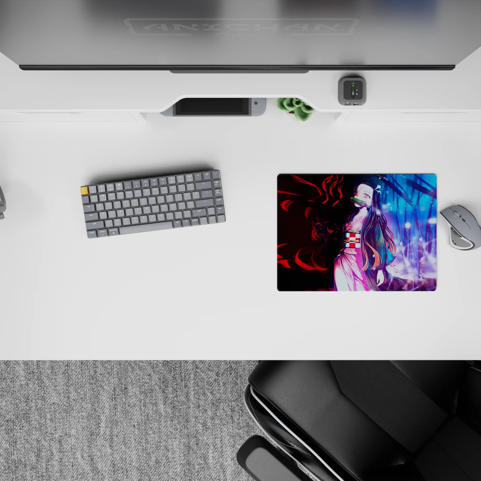 Anime mouse pad 14x10 inches featuring Nezuko from Demon Slayer. Duality of red and blue with her glowing pink kimono.