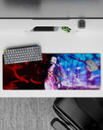 Nezuko anime mouse pad 32x12 inches, features her pink kimono amid red and blue worlds, blending tension and calm.