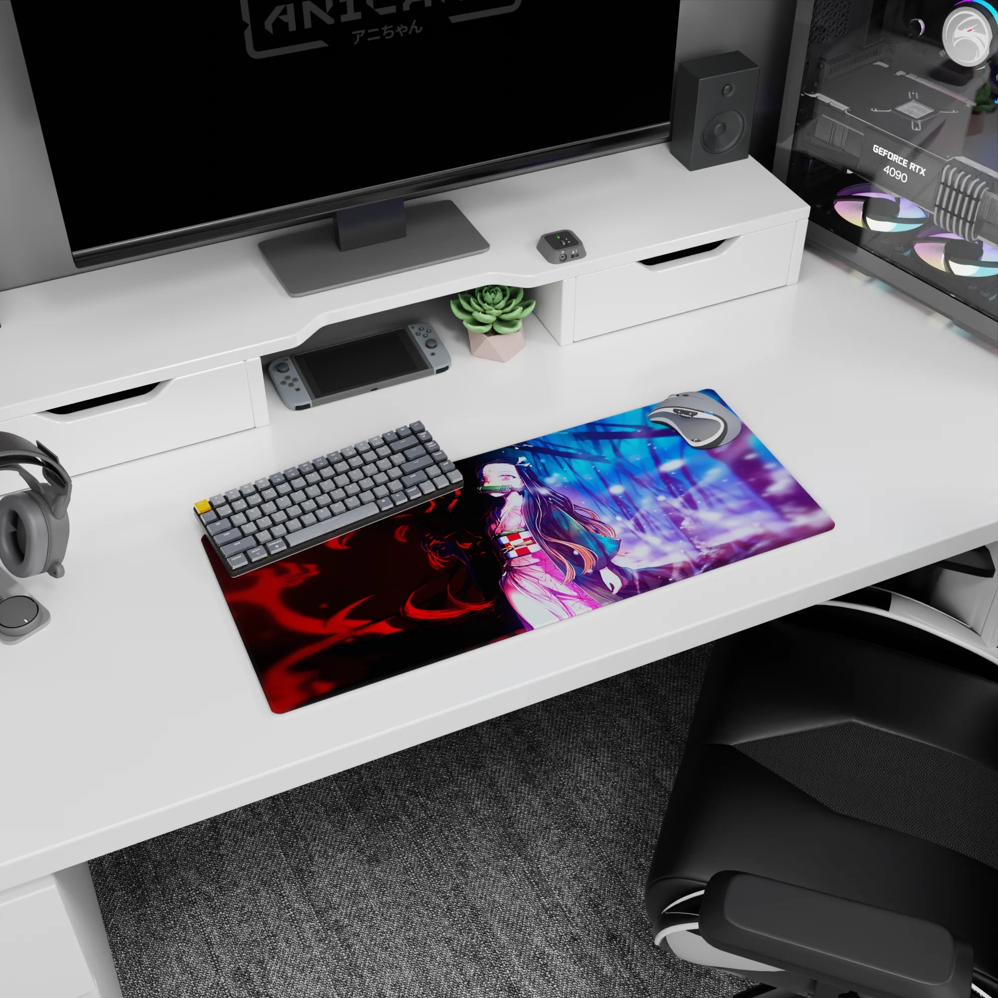 Anime mouse pad 28x12 inches featuring Nezuko, highlighting her dual world with red and blue hues, pink kimono glowing.