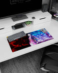 Anime mouse pad 28x12 inches featuring Nezuko, highlighting her dual world with red and blue hues, pink kimono glowing.