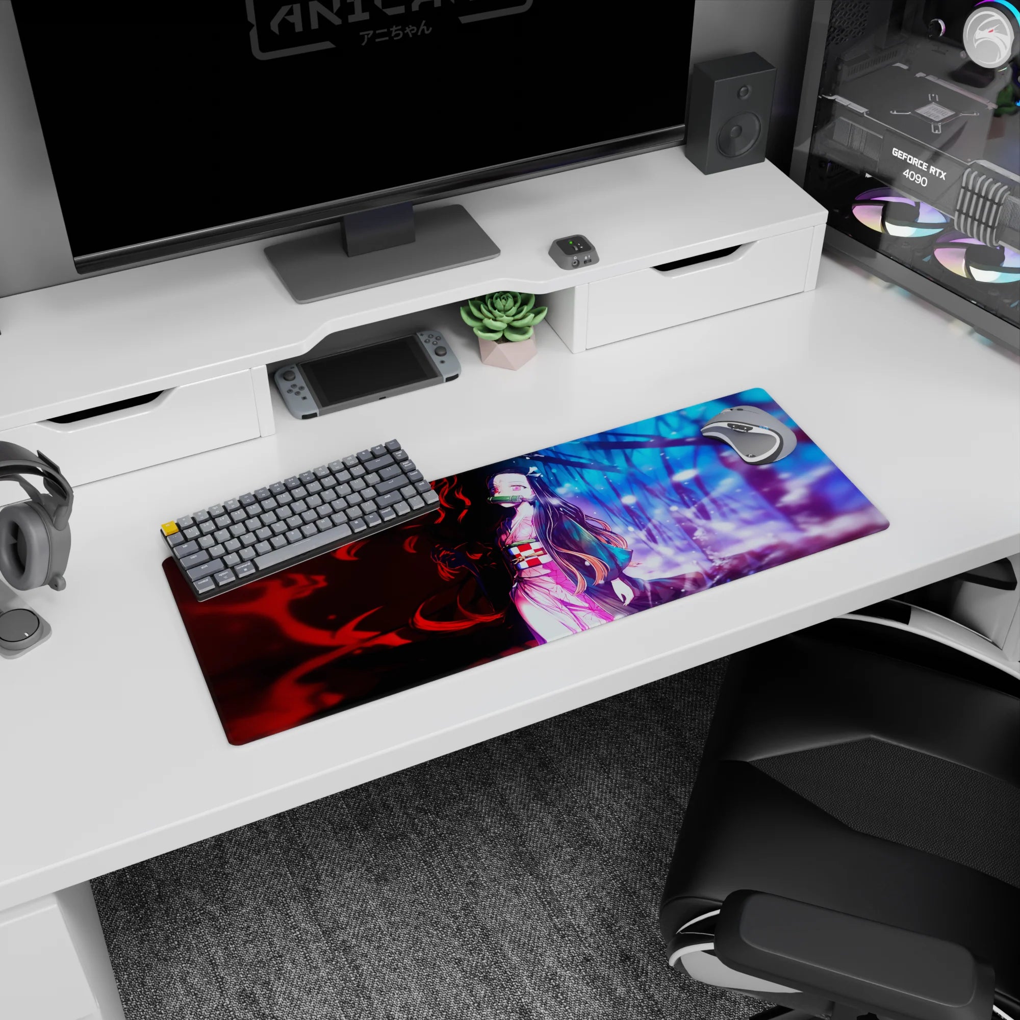 Nezuko anime mouse pad 32x12 inches, featuring her silent stare and pink kimono with contrasting red and blue backgrounds.