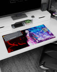 Nezuko anime mouse pad 32x16 inches, features dual worlds, her pink kimono glows amid red and blue hues, blending tension and calm.