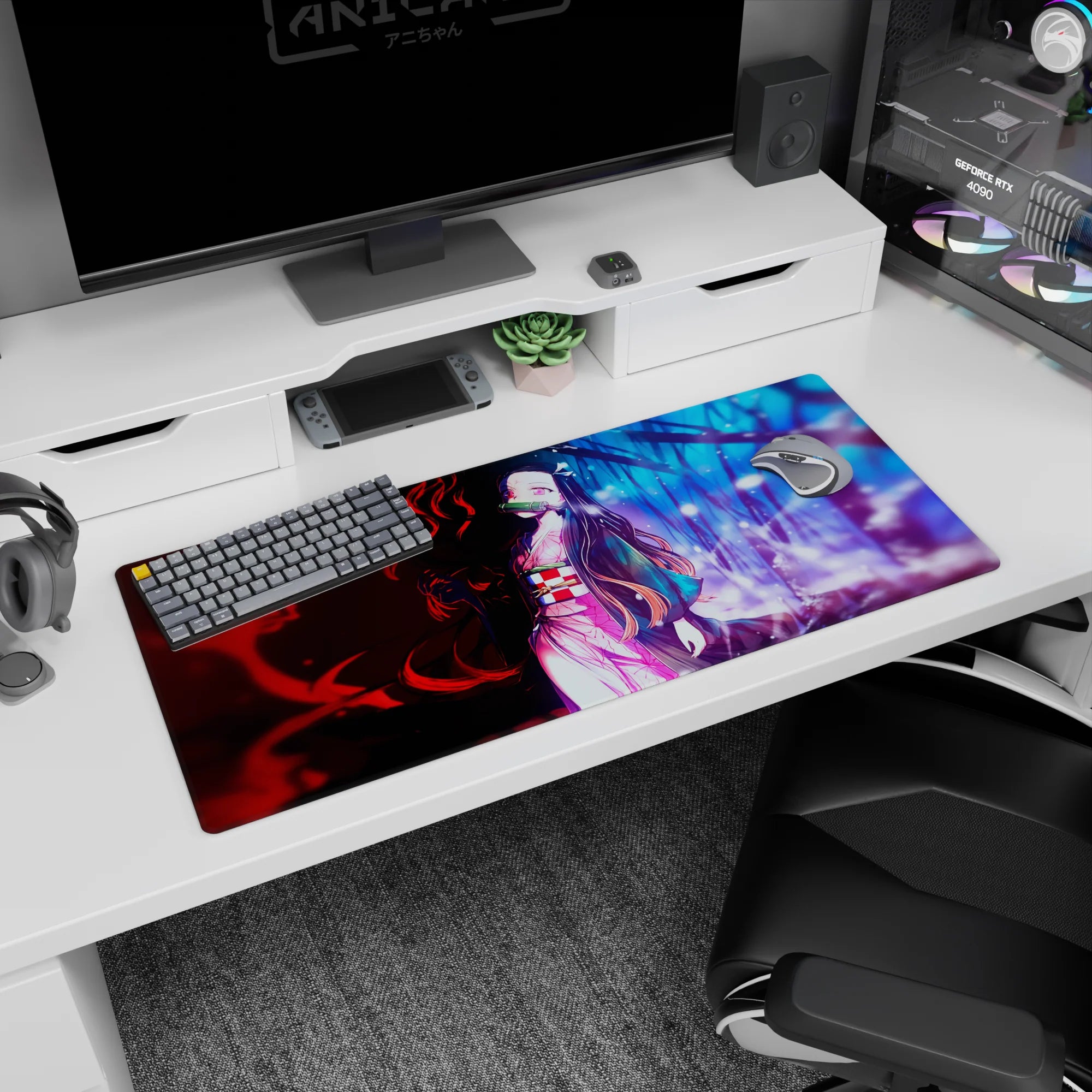Anime desk pad featuring Nezuko from Demon Slayer, sized 36x16 inches, with red and blue contrasting worlds.