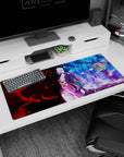Anime desk pad featuring Nezuko from Demon Slayer, sized 36x16 inches, with red and blue contrasting worlds.