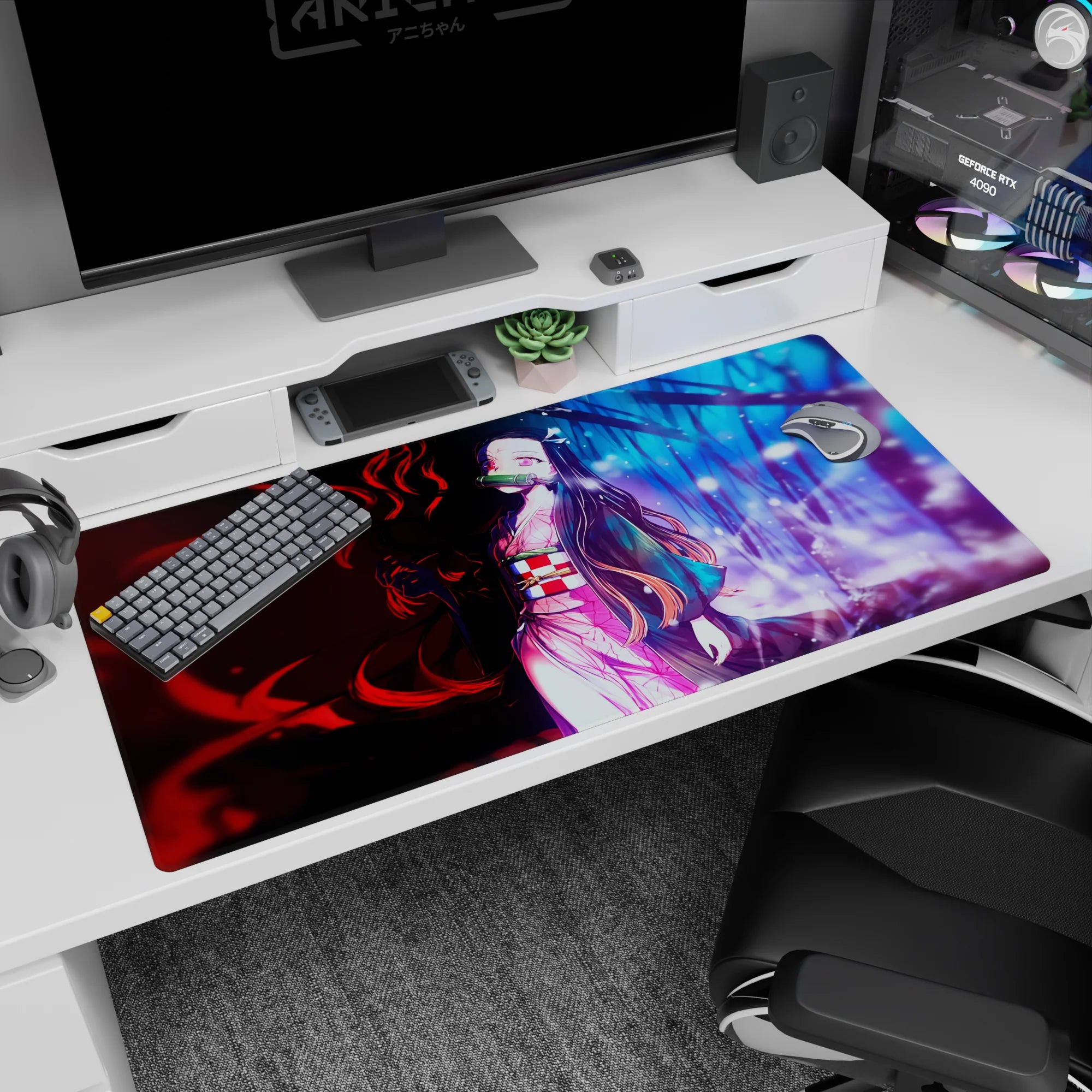 Nezuko anime desk pad 40x20 inches with red and blue duality, pink kimono glowing at center, soft gradients, bold shadows.
