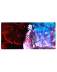 Nezuko anime mouse pad 32x16 inches with dual worlds: one red, one blue, her pink kimono glowing in soft gradients and bold shadows.