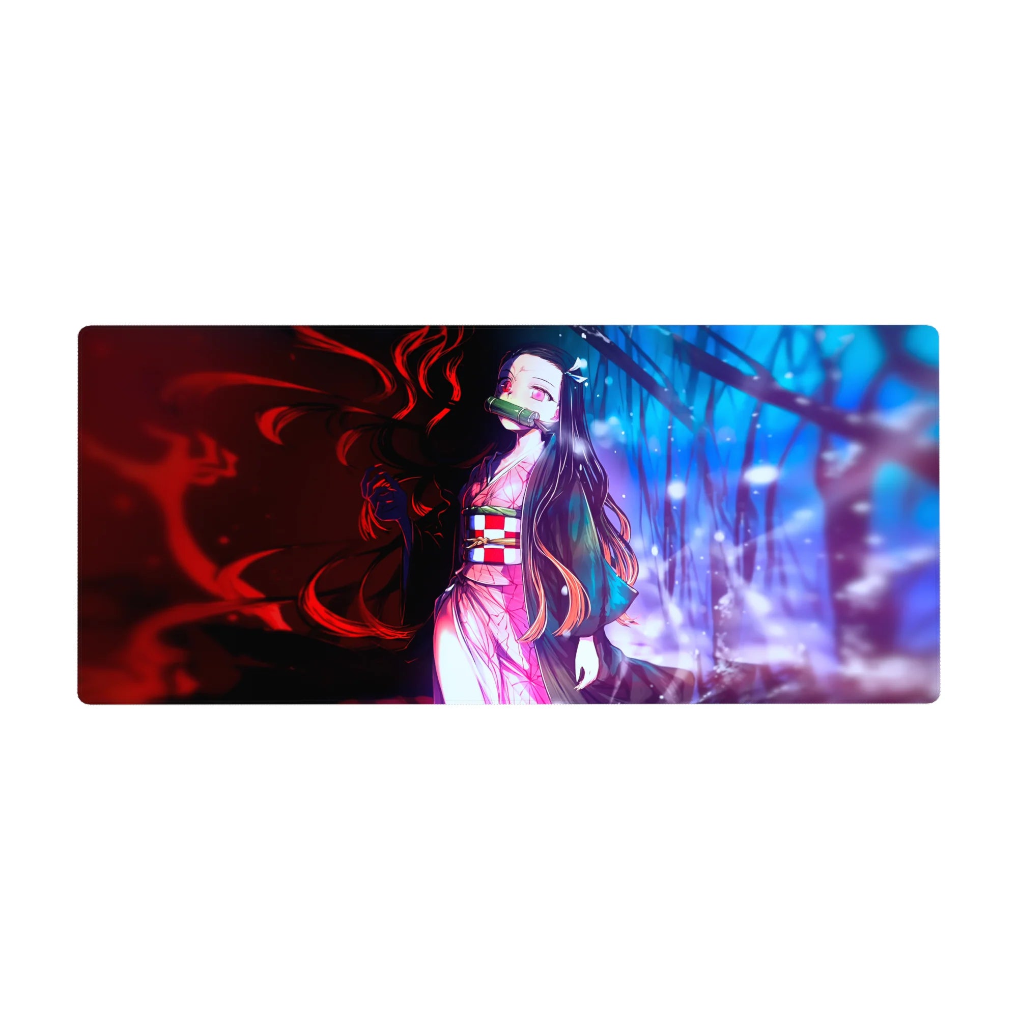 Anime desk pad 36x16 inches featuring Nezuko from Demon Slayer, showcasing dual worlds in red and blue, kimono glowing.