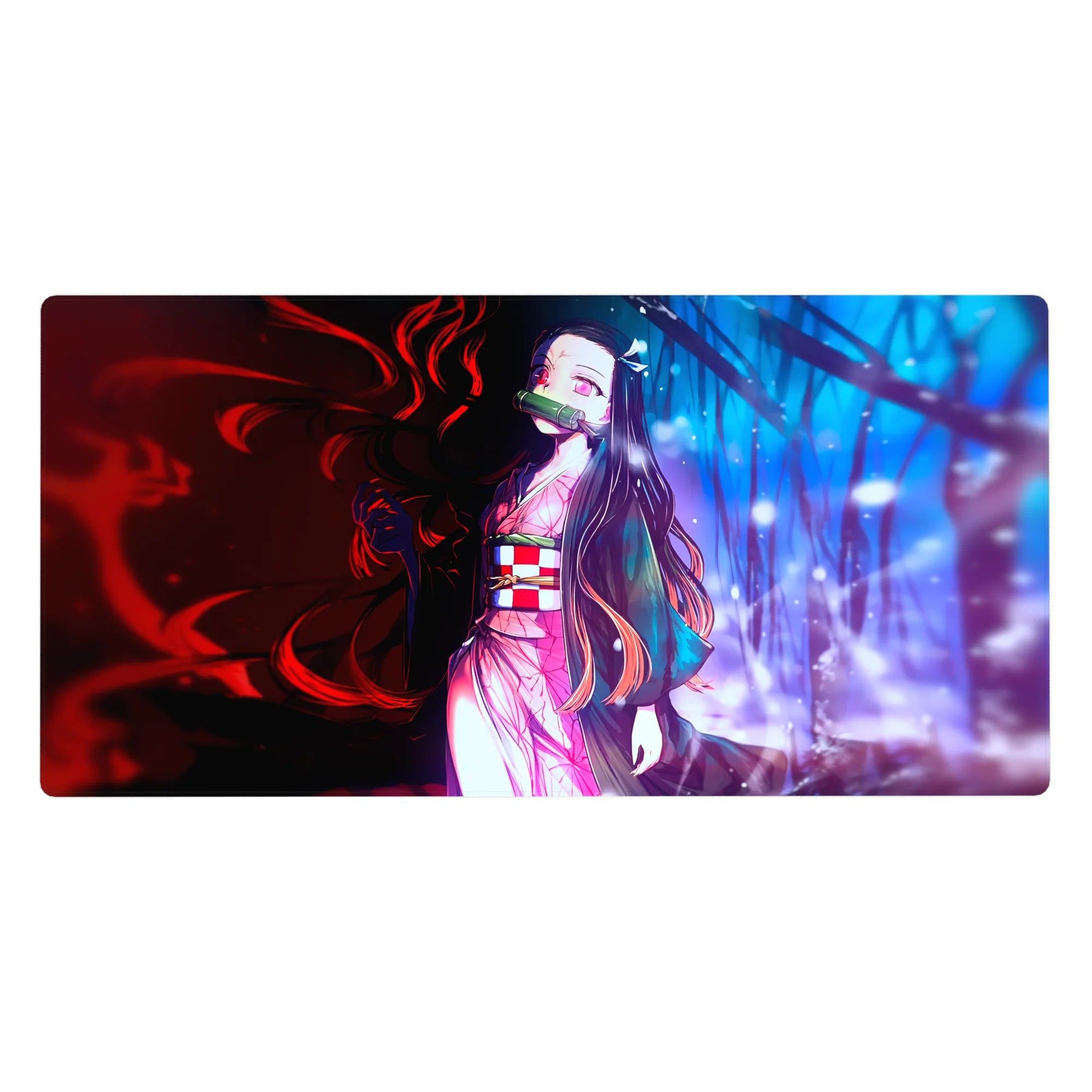 Anime desk pad 40x20 inches featuring Nezuko's intense gaze, showcasing a red and blue duality with her pink kimono glowing.