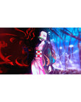 Anime desk pad 40x20 inches featuring Nezuko's intense gaze, showcasing a red and blue duality with her pink kimono glowing.