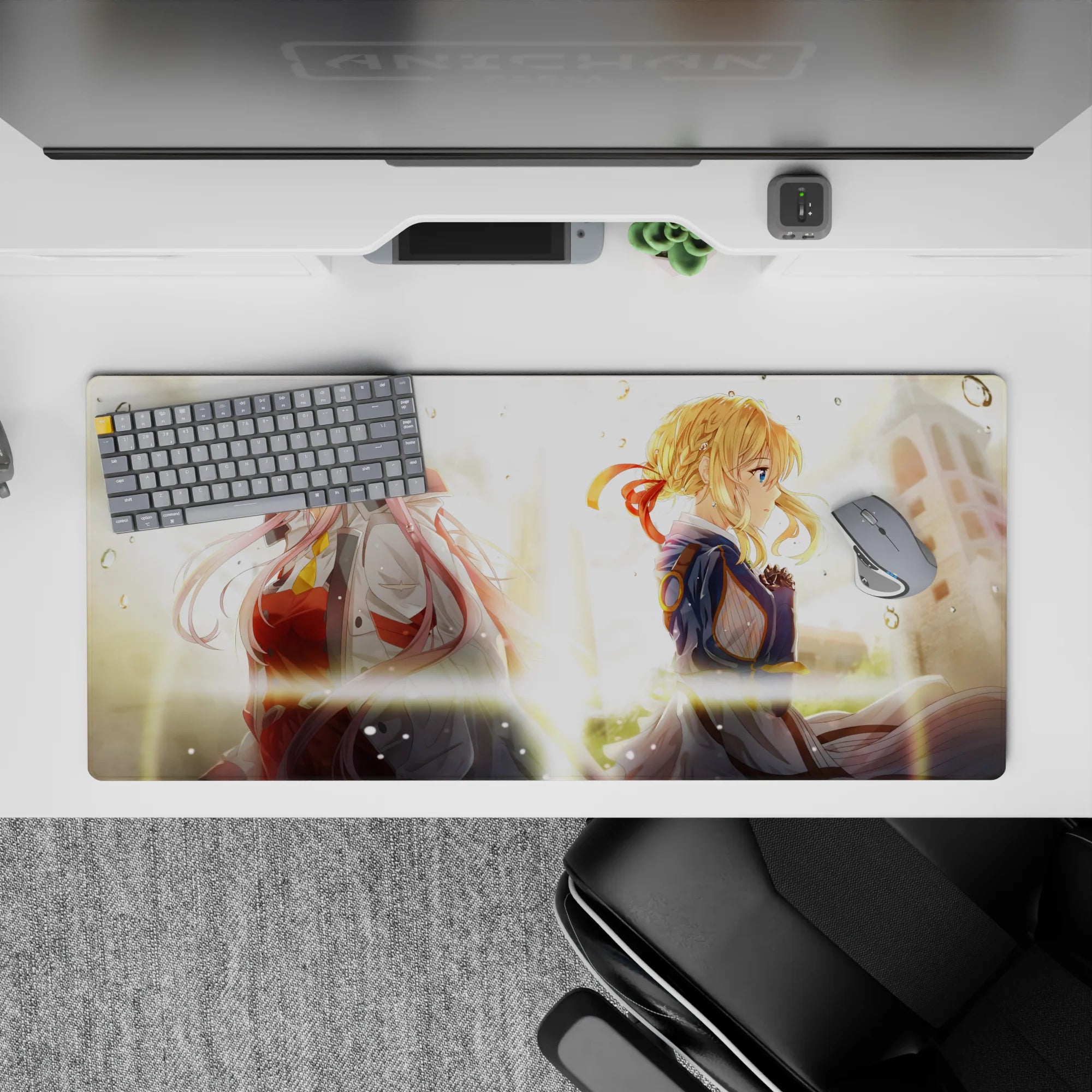 Striking 36x16 desk pad highlights Zero Two and Violet's powerful emotions with intricate artistic detail