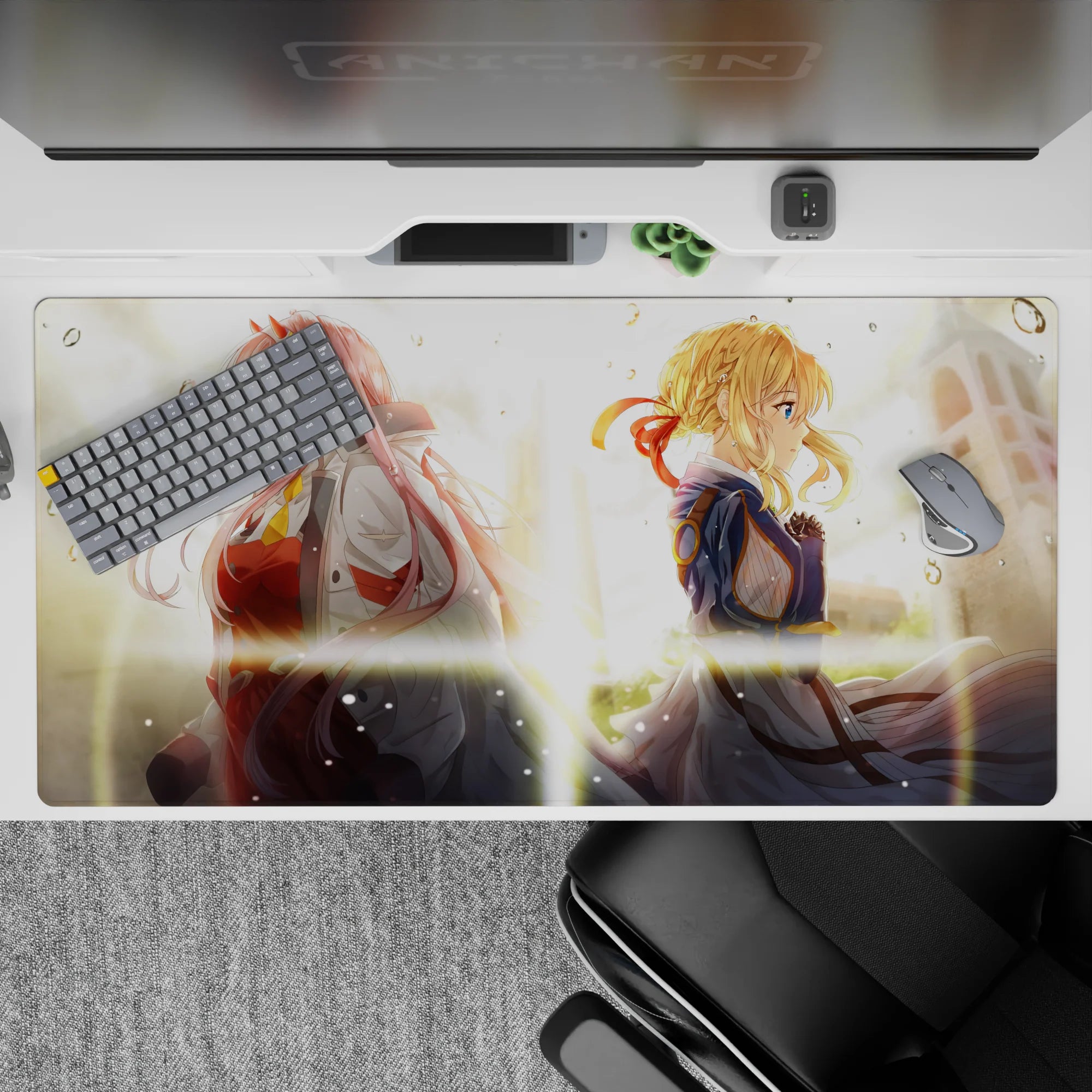 Emotional 40x20 desk pad showcases Zero Two and Violet Evergarden with golden sunrise and raindrops for fans of iconic characters