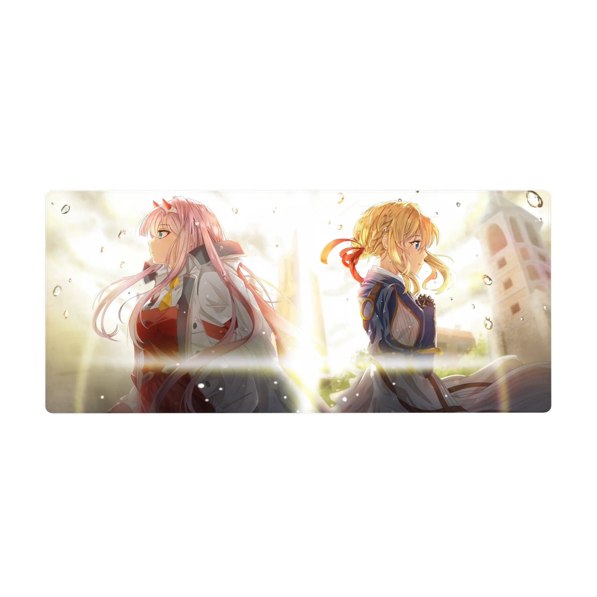 Zero Two Violet Evergarden mouse pad 36x16 with sunrise and rain theme for immersive anime-inspired decor