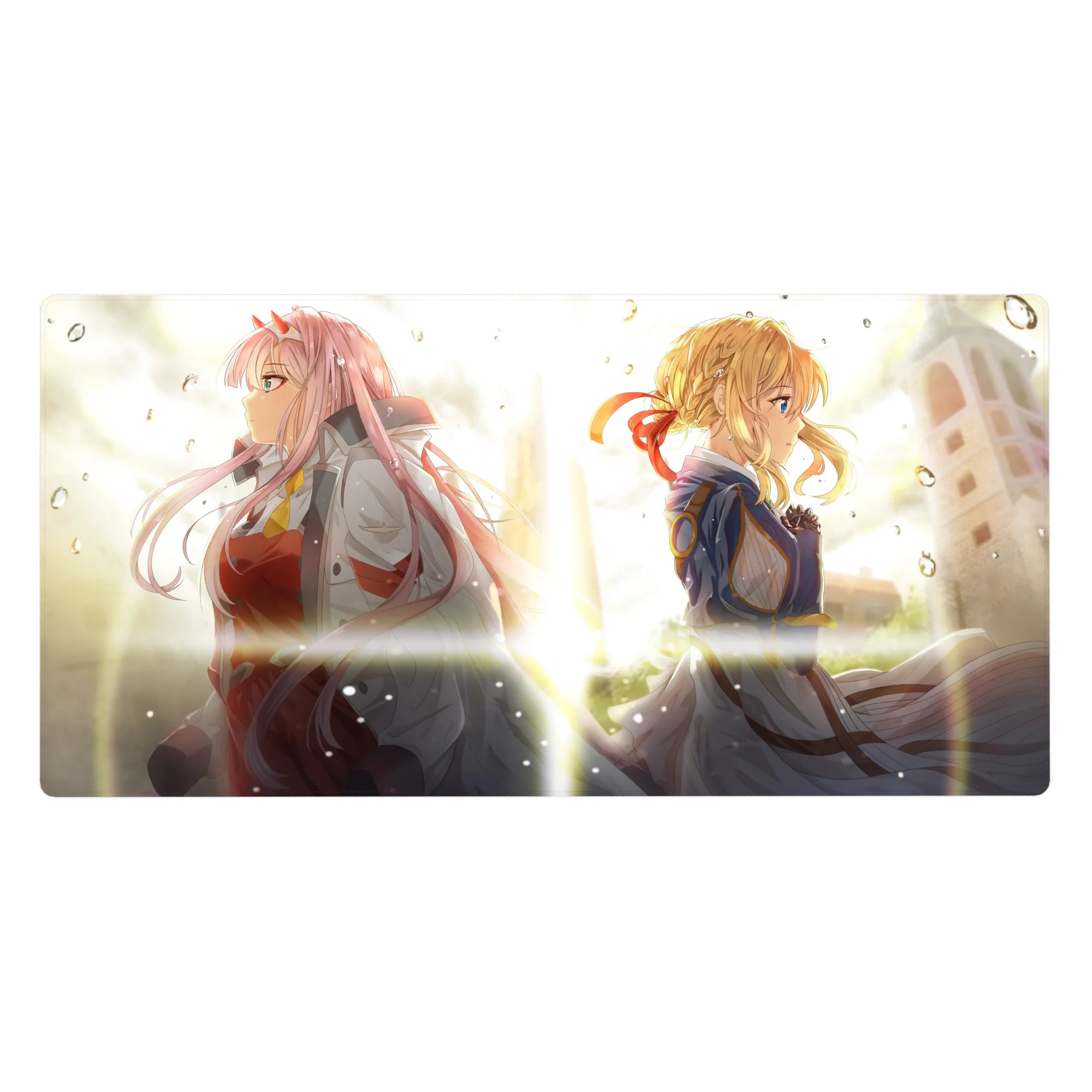 Zero Two Violet Evergarden mouse pad 40x20 featuring back-to-back heroines for bold anime crossover style