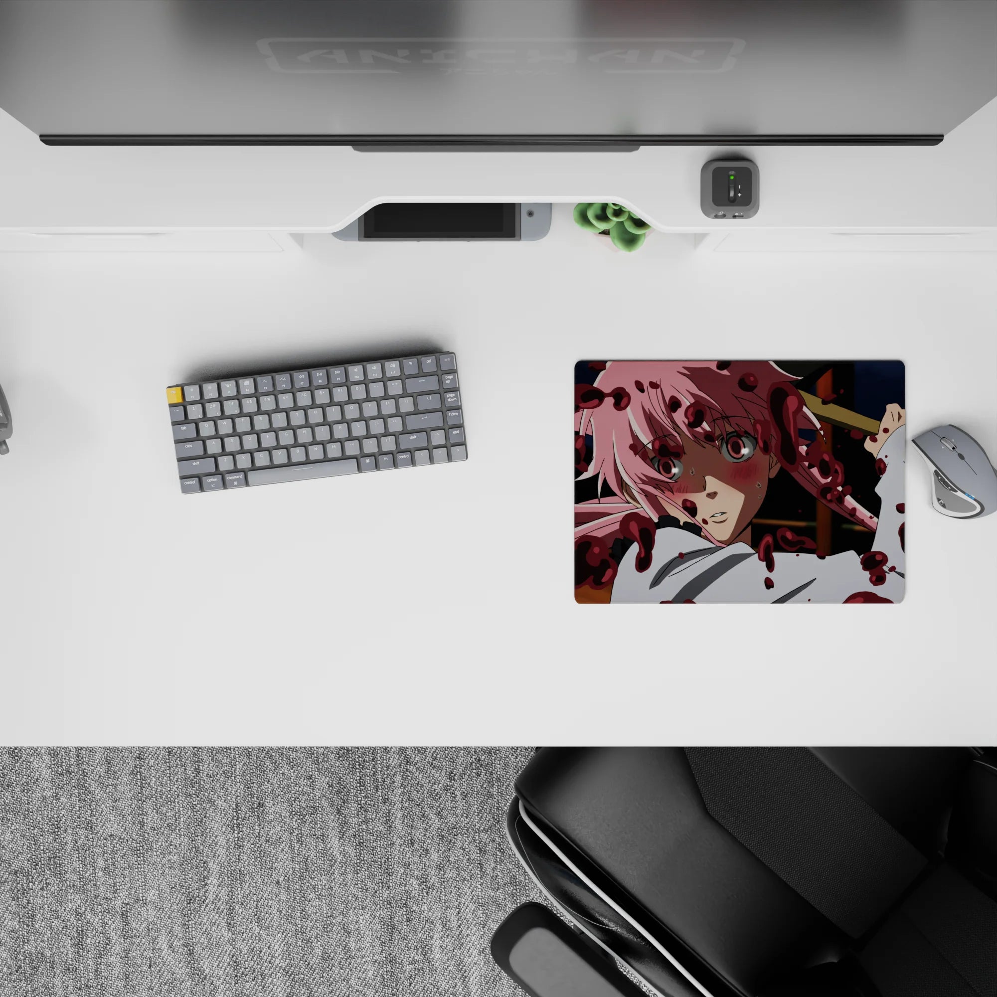 Moody navy and white anime mouse pad 14x10 inches, pink hair highlights and red splatter vibe.