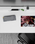 Moody navy and white anime mouse pad 14x10 inches, pink hair highlights and red splatter vibe.