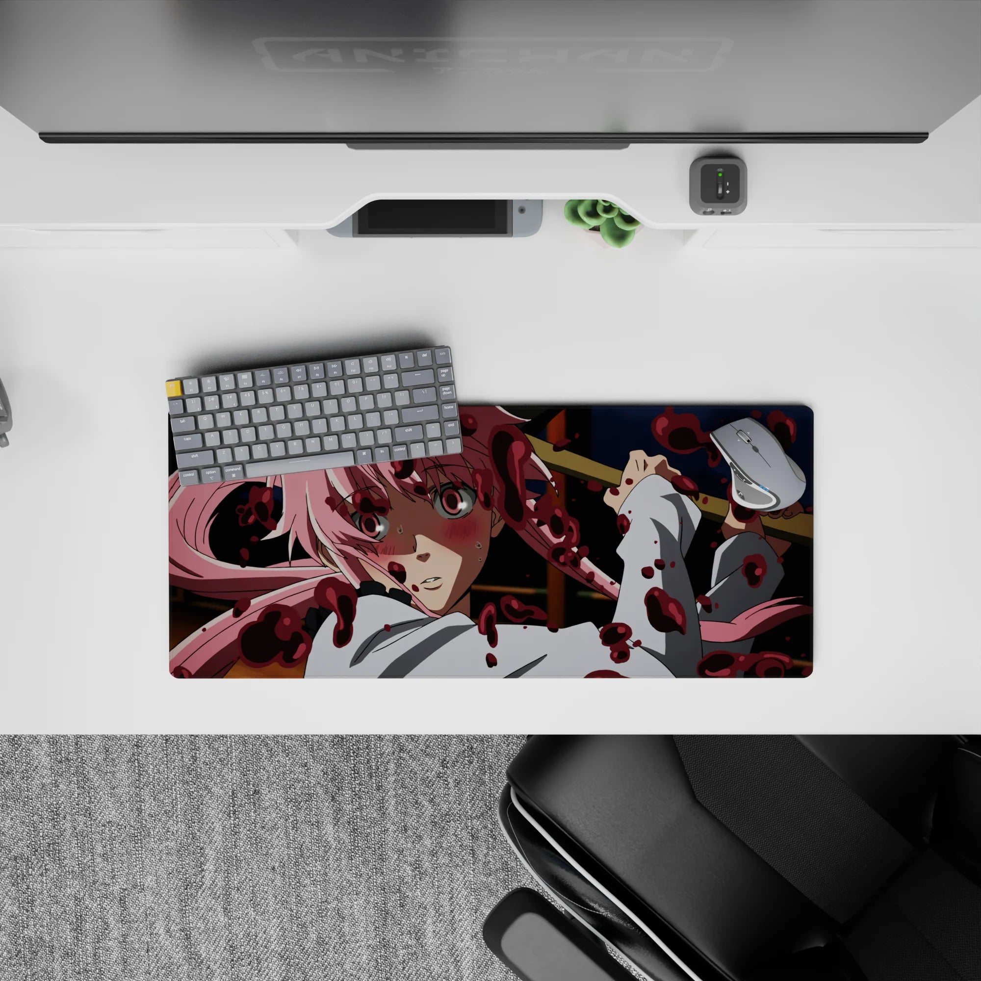 Moody navy and white anime mouse pad 28x12 inches with cotton-candy pink hair and red splatter vibe.