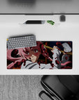 Moody navy and white anime mouse pad 28x12 inches with cotton-candy pink hair and red splatter vibe.