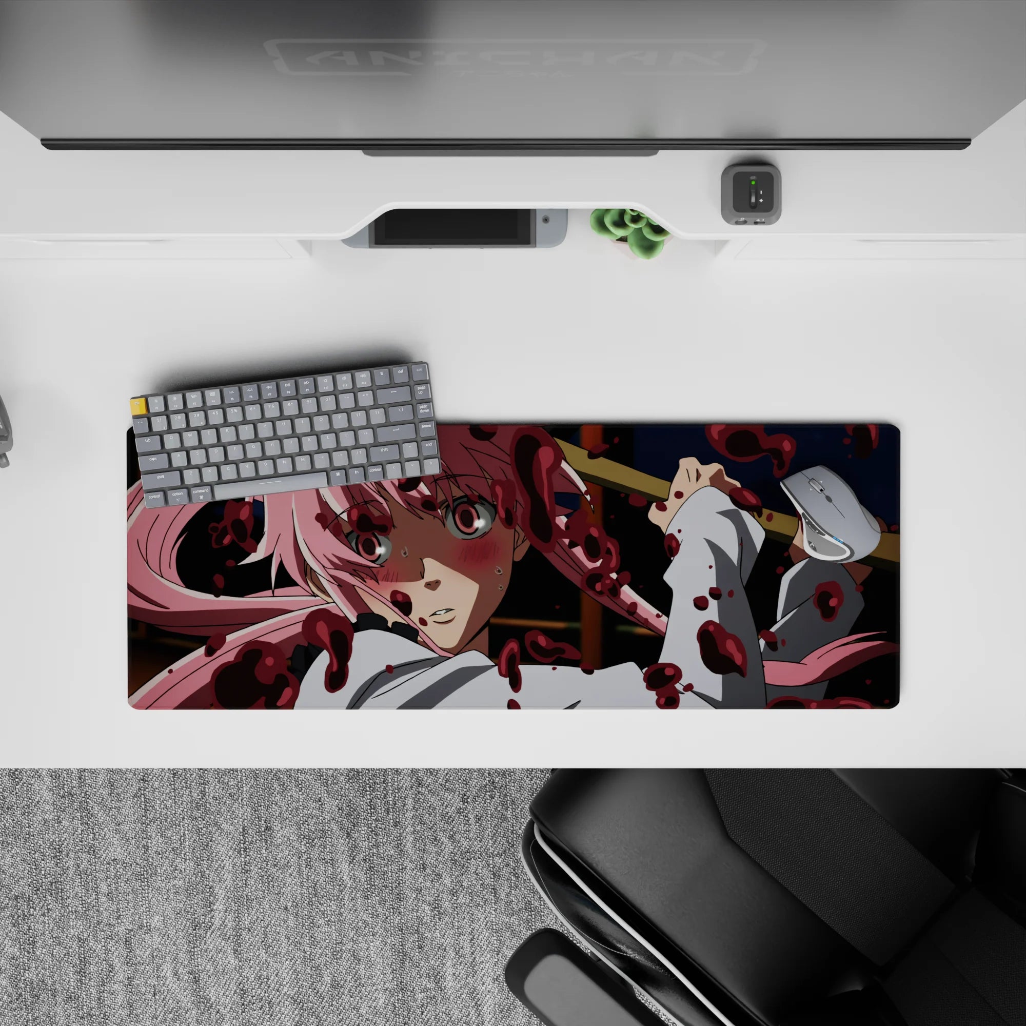 32x12 inches extended mouse pad in moody navy and white with red splatter, intense cute anime vibe.