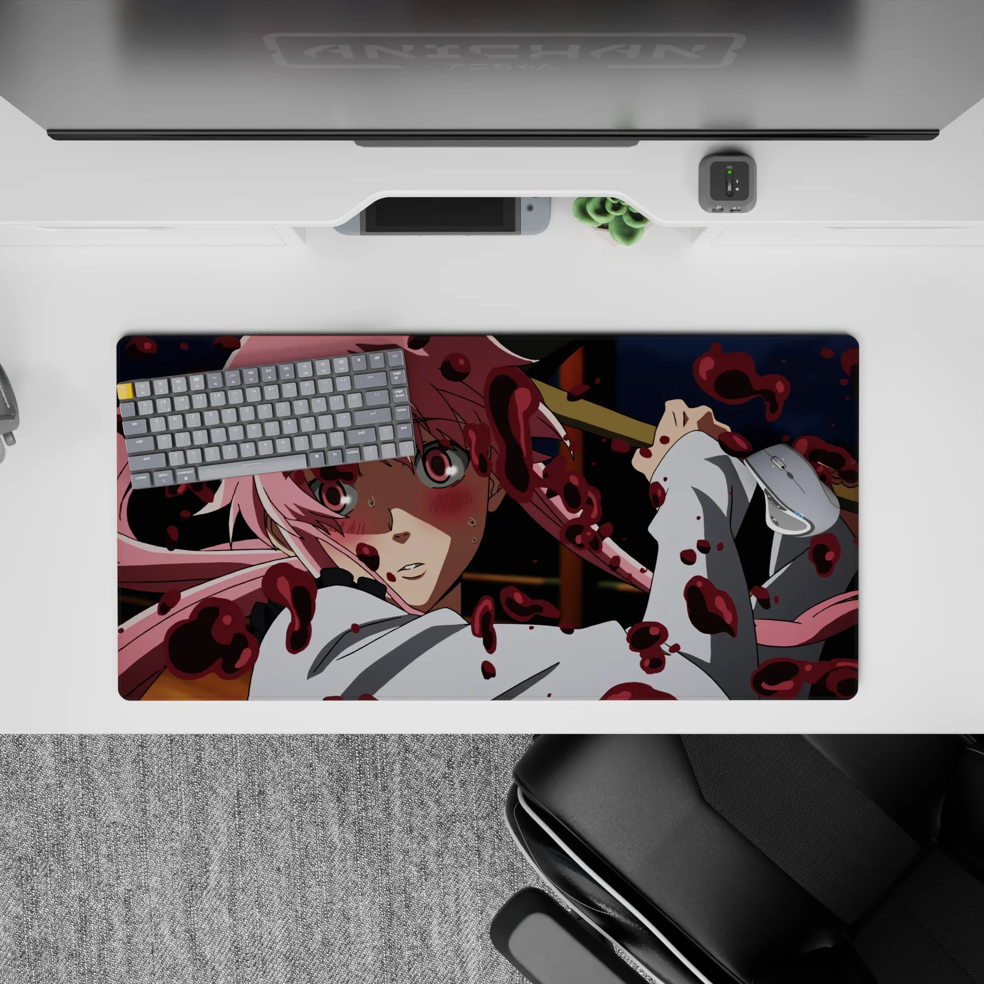 Anime girl mouse pad 32x16 inches in moody navy tones with cotton-candy pink hair and red splatter.