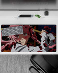 Anime girl mouse pad 32x16 inches in moody navy tones with cotton-candy pink hair and red splatter.