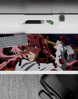 36x16 inches navy-toned desk pad with moody shadows, crisp white sleeves, and cute chaotic vibe.
