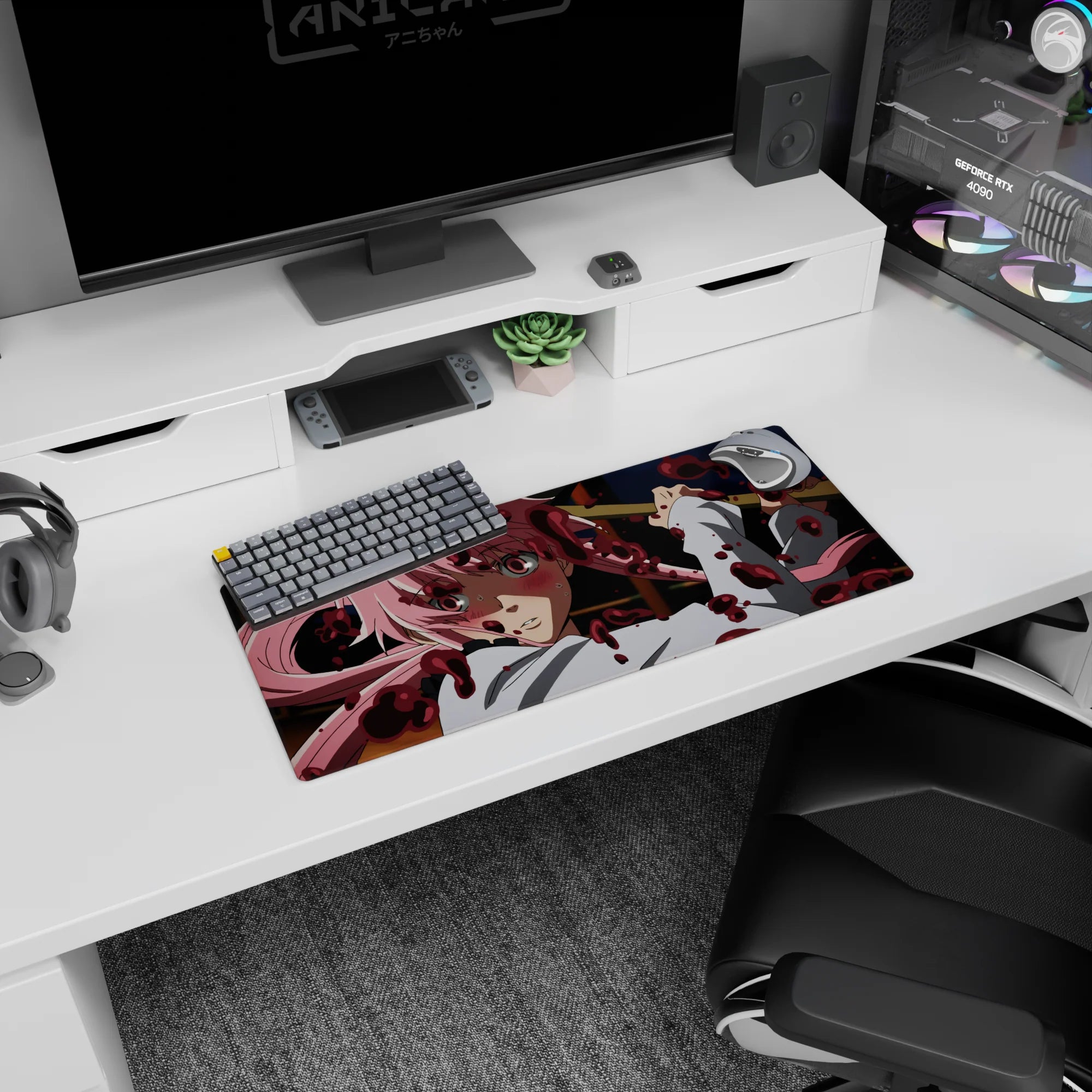 Yuno Gasai Future Diary mouse pad 28x12 inches, flushed cheeks and intense stare with red splatter scene.