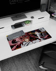 Yuno Gasai Future Diary mouse pad 28x12 inches, flushed cheeks and intense stare with red splatter scene.