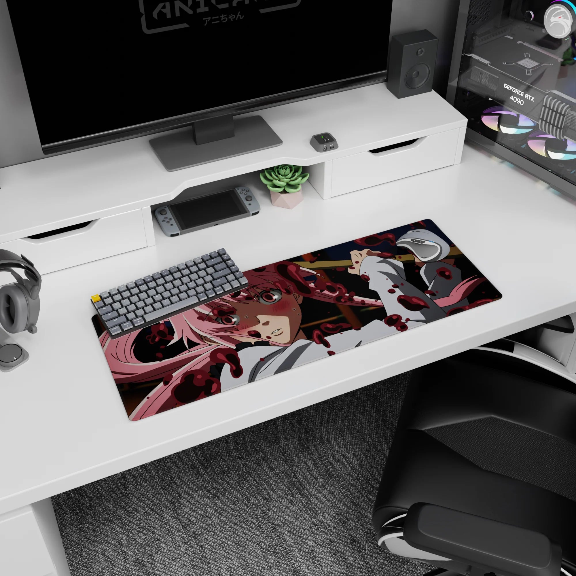 32x12 inches Future Diary mouse pad featuring Yuno Gasai blushing, pink hair swirling with red splatter.