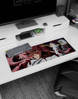 32x12 inches Future Diary mouse pad featuring Yuno Gasai blushing, pink hair swirling with red splatter.