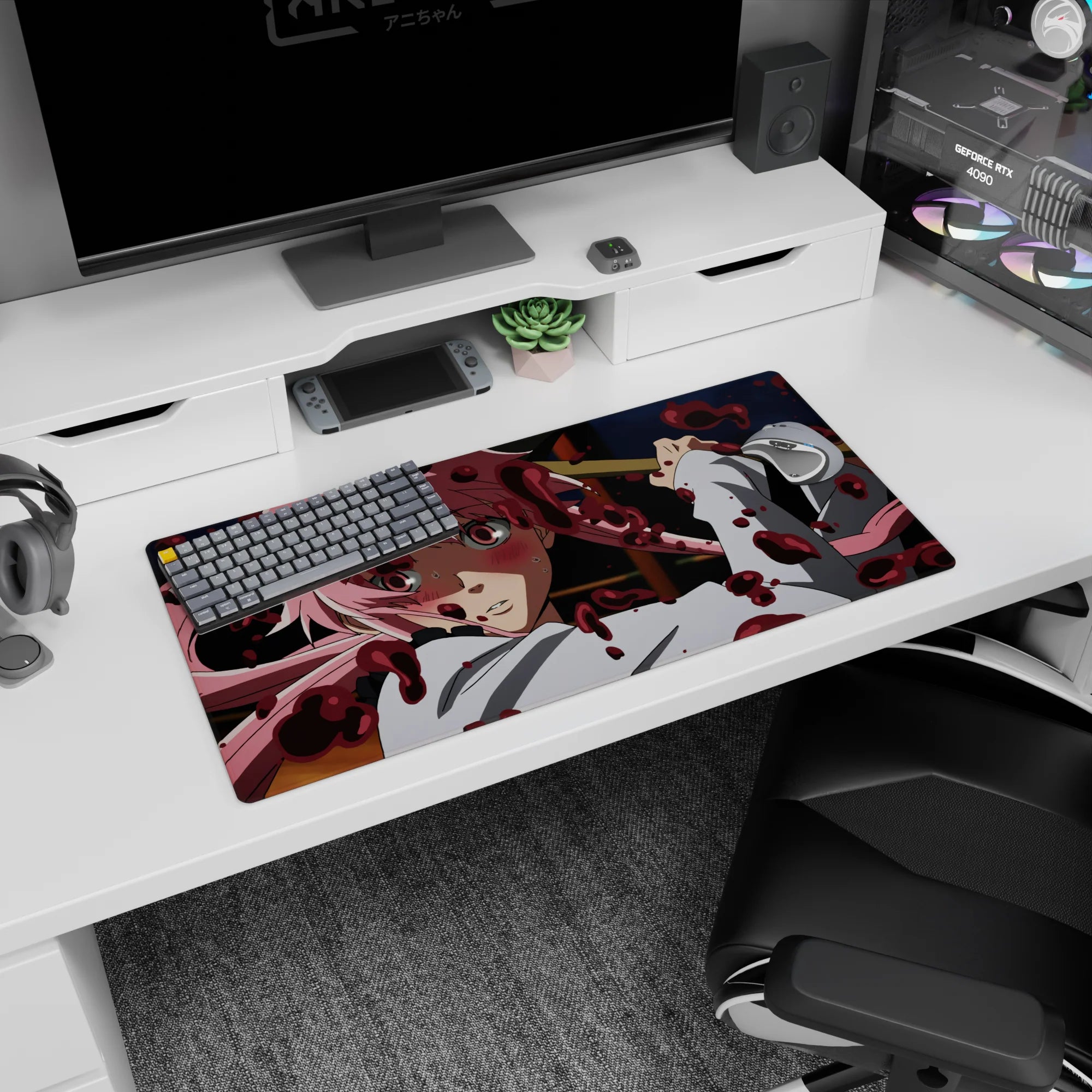 Yuno Gasai Future Diary mouse pad 32x16 inches, flushed cheeks and pink hair staring through the screen.