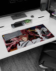 Yuno Gasai Future Diary mouse pad 32x16 inches, flushed cheeks and pink hair staring through the screen.