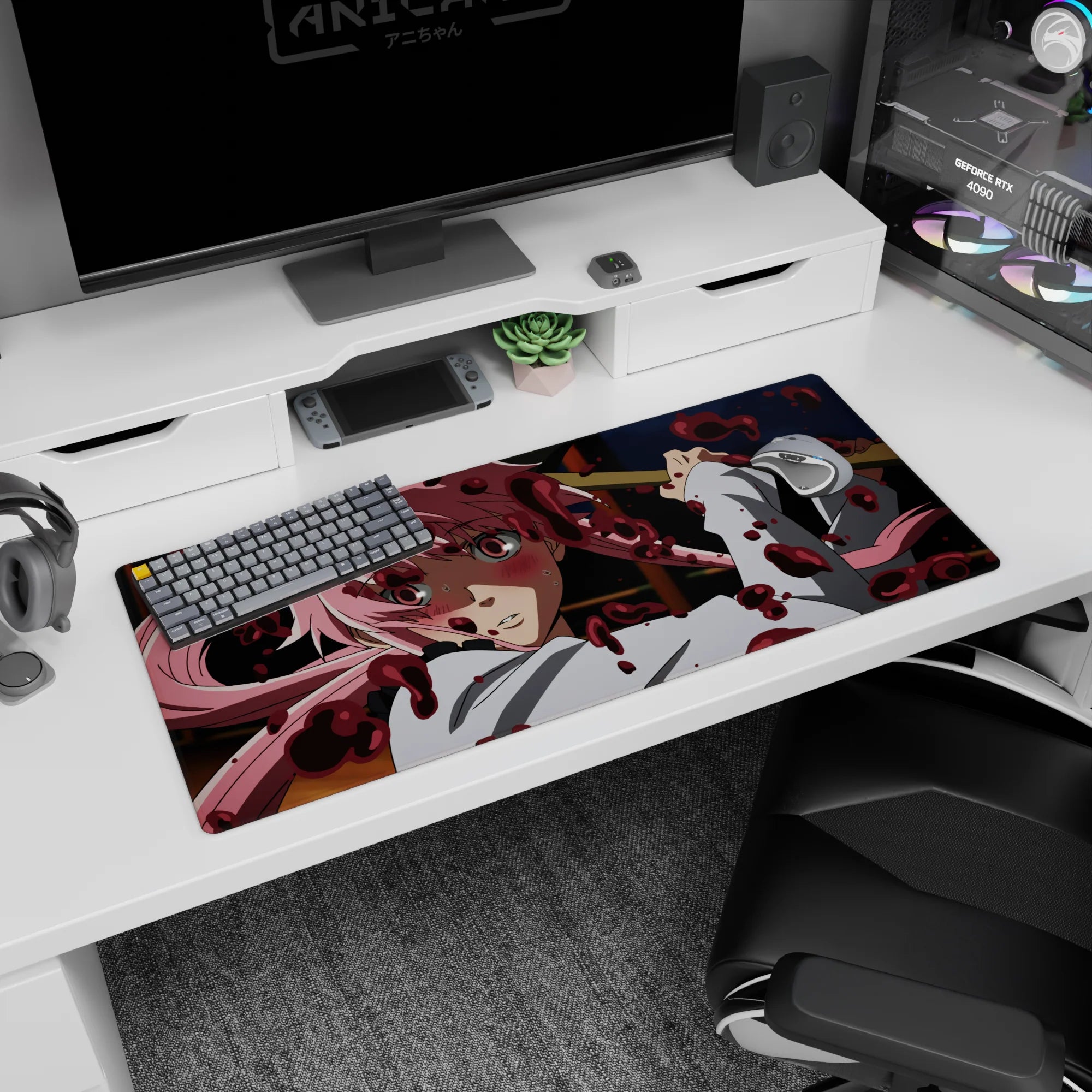 36x16 inches Future Diary Yuno Gasai desk pad, flushed cheeks and pink hair with red splatter scene.