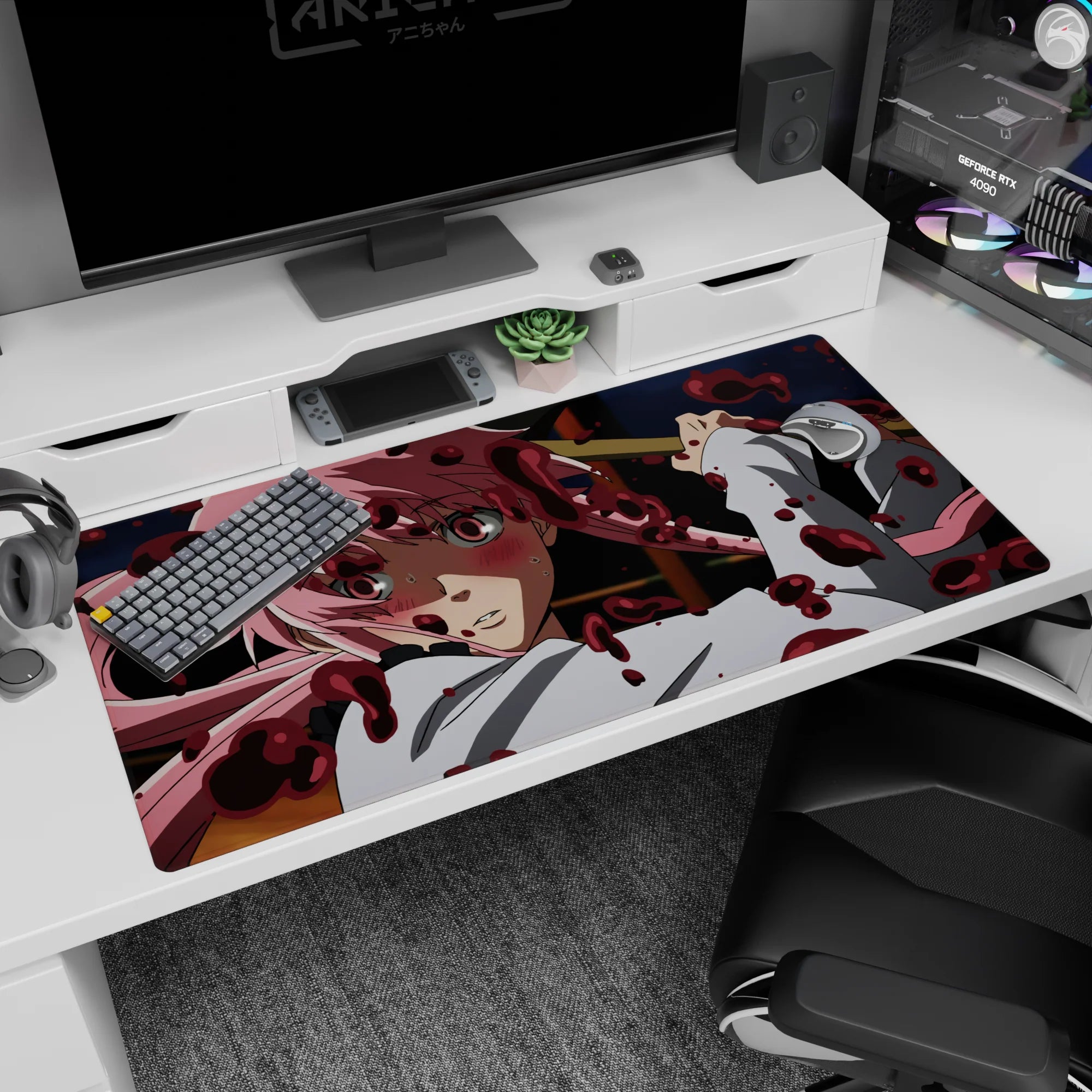 Yuno Gasai Future Diary desk pad 40x20 inches, flushed cheeks, pink hair swirling, red arc.