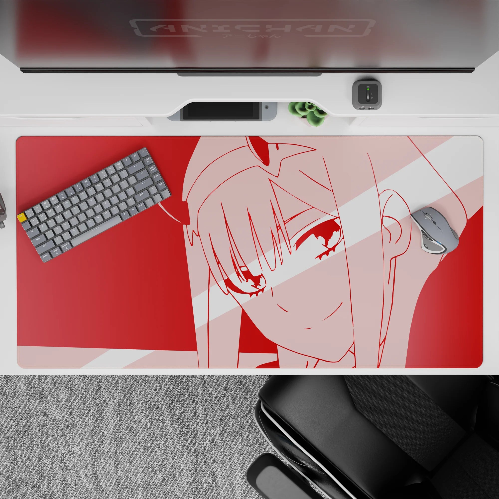 Sleek 40x20 mouse pad transforms your workspace into a modern art piece, blending Zero Two’s iconic style with minimalist elegance for an immersive vibe