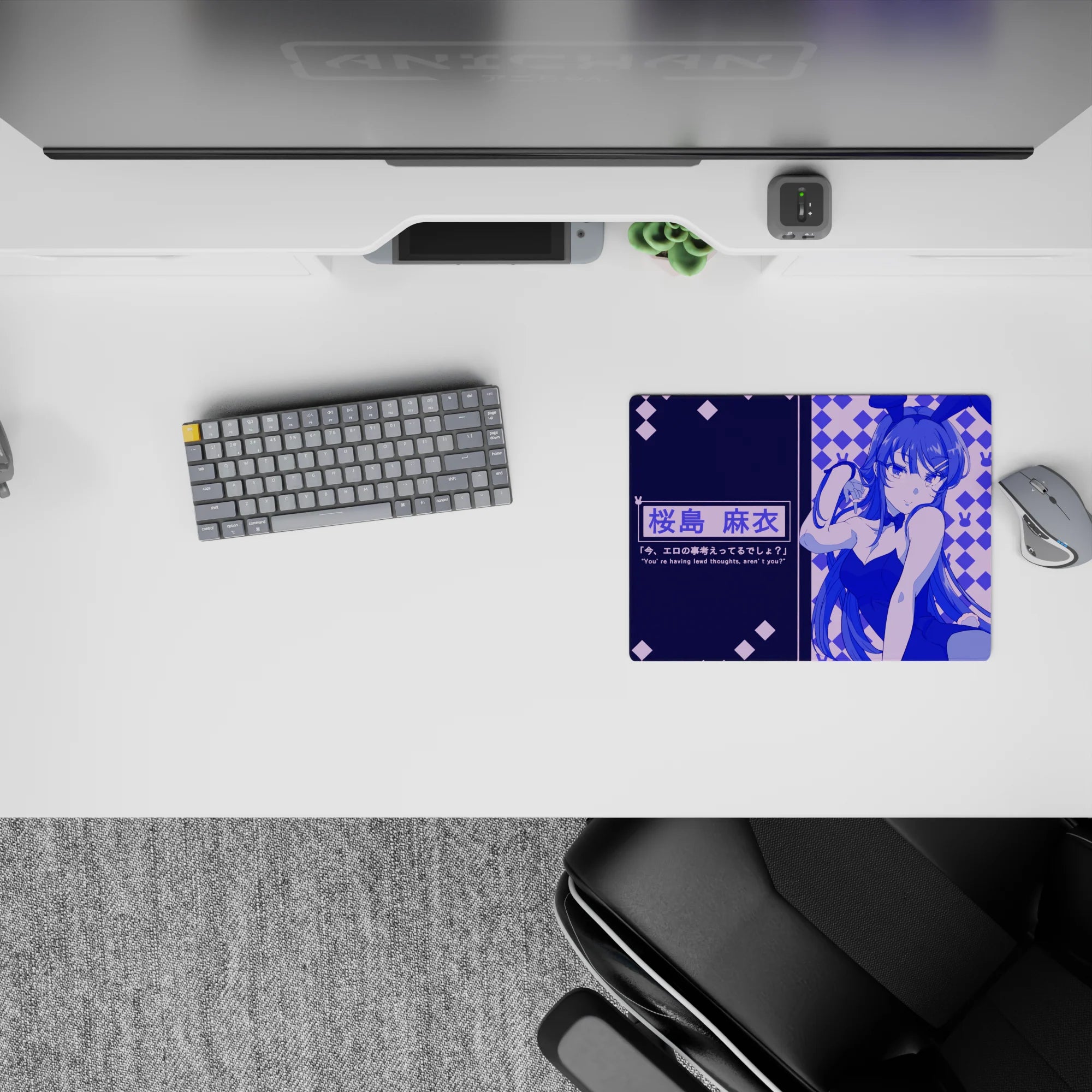Navy and electric violet anime girl mouse pad 14x10 inches with cozy night-arcade vibe and smooth tracking.