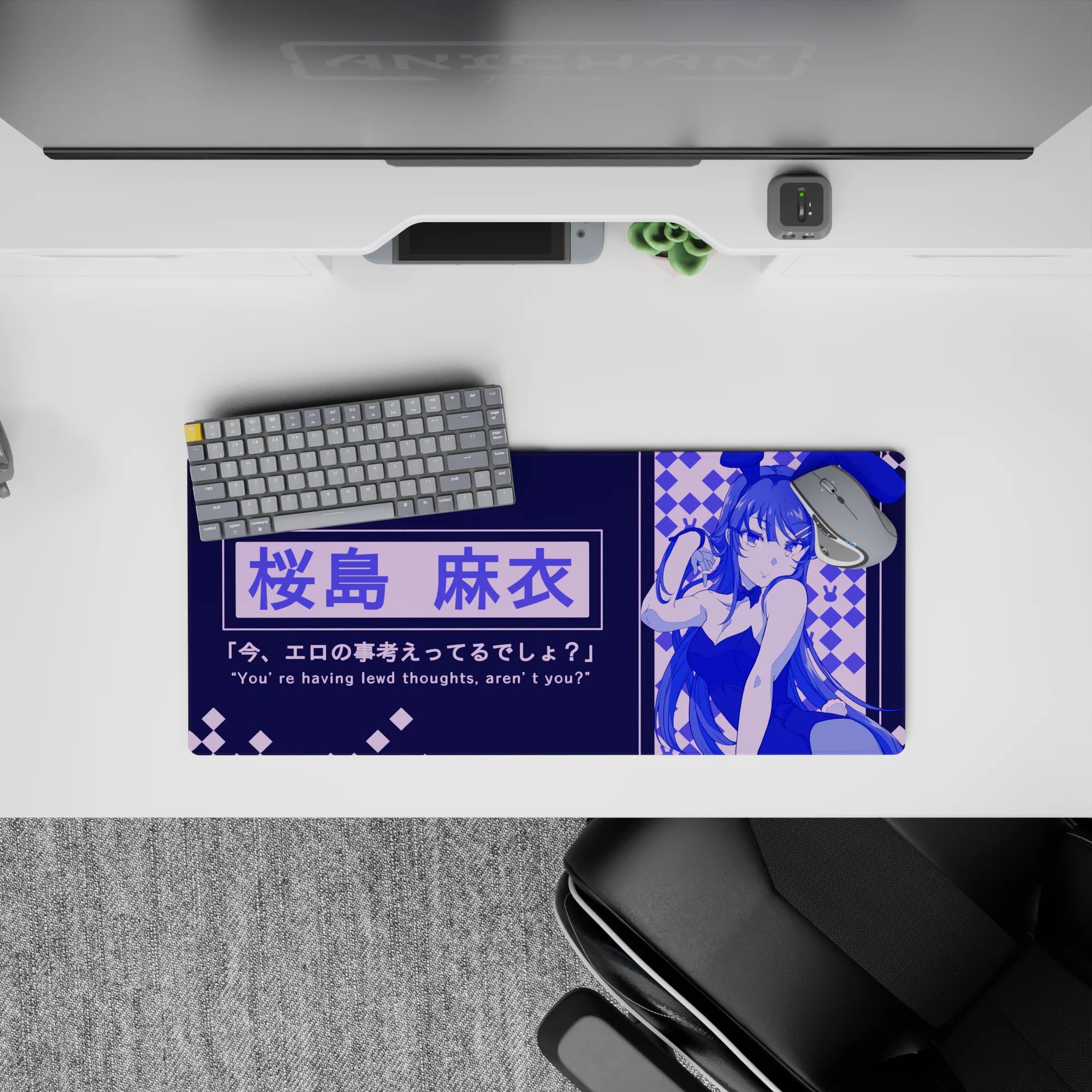 28x12 inches navy and electric violet anime mouse pad with cozy night arcade vibe and tiny bunny icons.