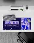 28x12 inches navy and electric violet anime mouse pad with cozy night arcade vibe and tiny bunny icons.